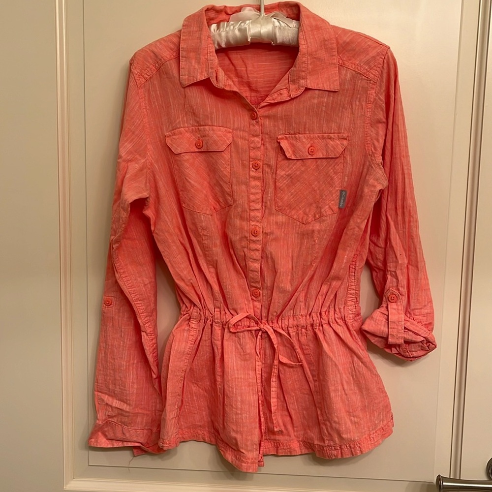 EUC Columbia Camp Henry Tie Waist Athleisure Coral/Orange Button Down Shirt M